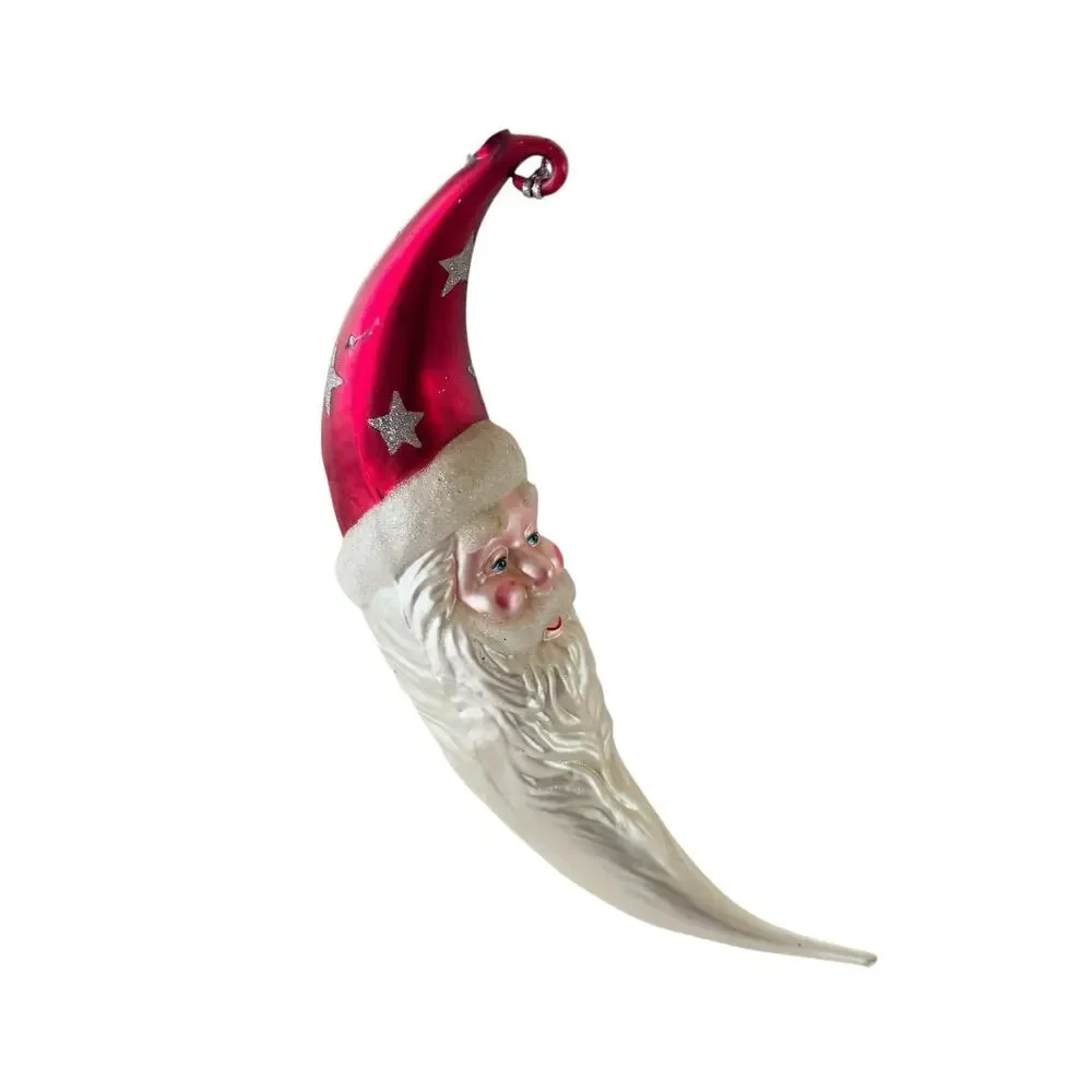 Santa‎ Crescent Moon Ornament Handblown Glass Vtg 11.5”